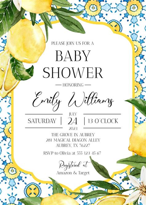 Positano Blue Tile Lemons Baby Shower Invitation Bundle Italian