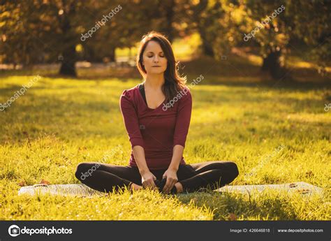 Beautiful Woman Sitting Lotus Position Meditating Nature Padmasana