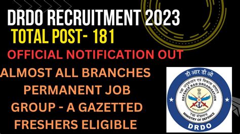 DRDO RECRUITMENT 2023 TOTAL 181 POST ALL BRANCHES PERMANENT JOB