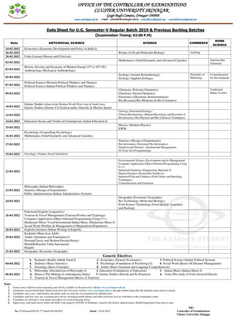 Cluster University Srinagar Date Sheet For U G 5th Semester Regular