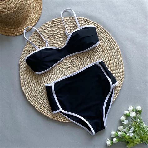 Elegant Black Bandeau Bikini Set With White Trim On Luulla