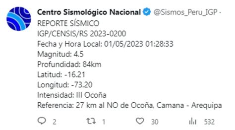 Temblor en Arequipa HOY 1 de mayo de 2023 dónde fue el epicentro del