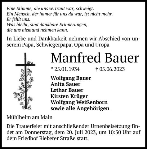 Traueranzeigen Von Manfred Bauer Trauer Op Online De