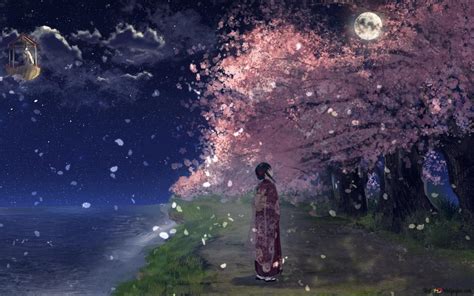 Night starry anime landscape and anime girl HD wallpaper download