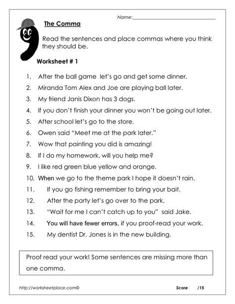 Comma Worksheet For Grade 1