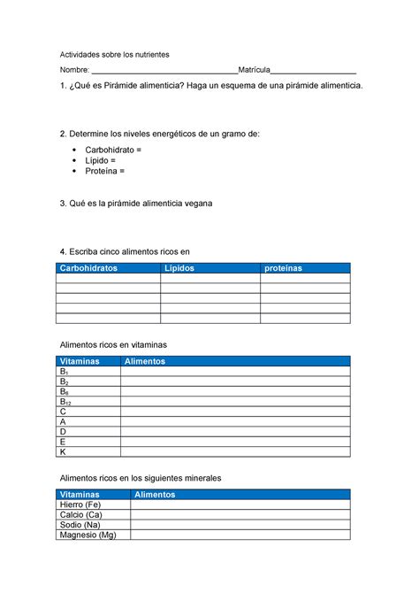 Actividades Sobre Los Nutrientes Actividades Sobre Los Nutrientes