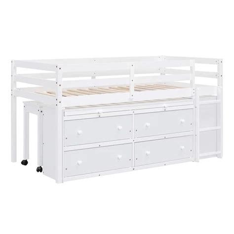 Twin Size Loft Bed With Retractable Writing Desk And 4 Drawers Wooden Loft Bed With Lateral