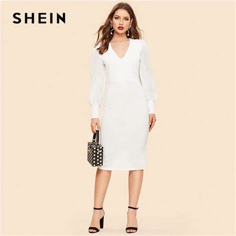 Buy Shein Slit Hem Fitting Lantern Sleeve White