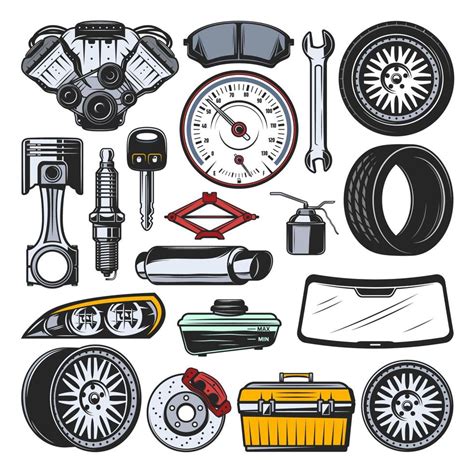 Car auto parts, engine, tires and tools 17274976 Vector Art at Vecteezy