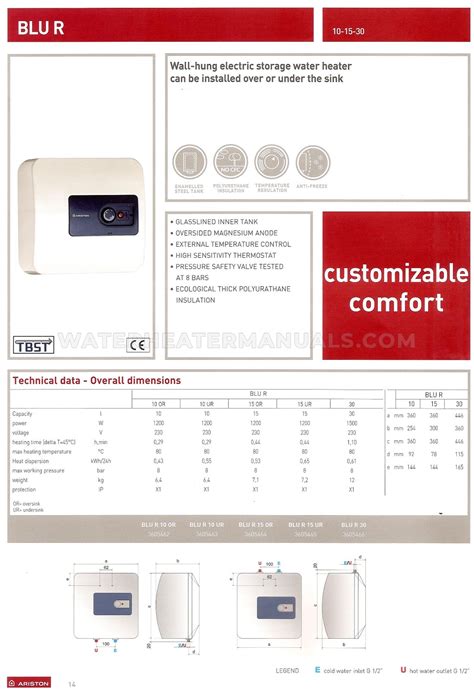 Ariston Pro R V Water Heater Specifications Sheet Water Heater Manuals