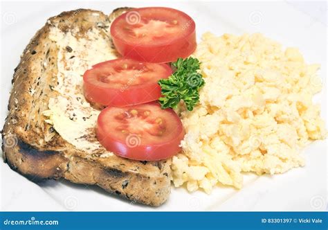 Scrambled Eggs Tomato Toast Breakfast Stock Image Image Of