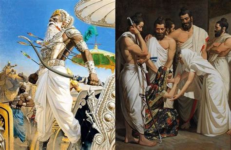 two paintings of men in ancient greek costumes