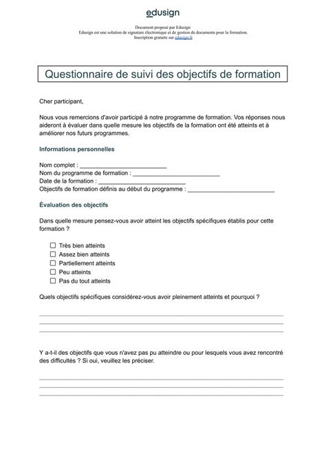 Modèle de questionnaire Suivi des objectifs de formation Edusign