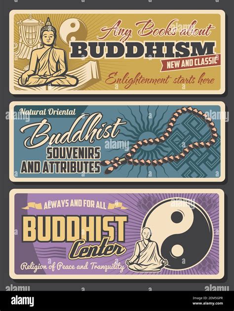 Buddhism Religion Retro Vector Banners Vintage Buddhist Symbolic Yin