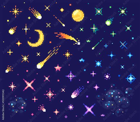 Pixel Art Set Of Stars Starry Sky With Different Shapes And Colors Of