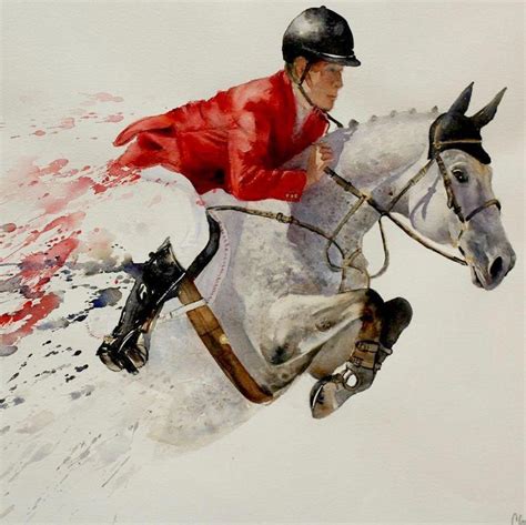 Show Jumping Horse And Rider Watercolor Painting By Claudia Díaz