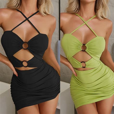 Kaufe Damen Sexy Einfarbig Ärmellos Ausgehöhltes enges Party Clubkleid