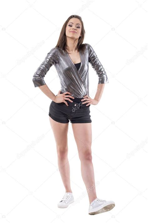 Confident Stunning Trendy Brunette Woman Fashion Model Posing Hands Hips — Affiliate