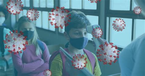 school children temperature check  covid  virus overlay