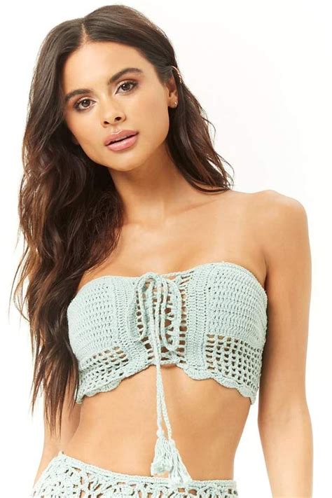 Forever 21 Crochet Lace Up Bandeau Bikini Top Wrap Around Bikini Top