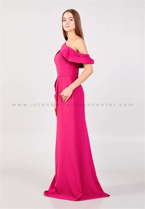 Allure Off Shoulder Maxi Crepe Mermaid Regular Fuchsia Wedding Guest Dress All4450fus