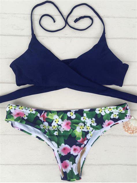 25 OFF 2021 Tiny Floral Print Halter Wrap Bikini Set In PURPLISH