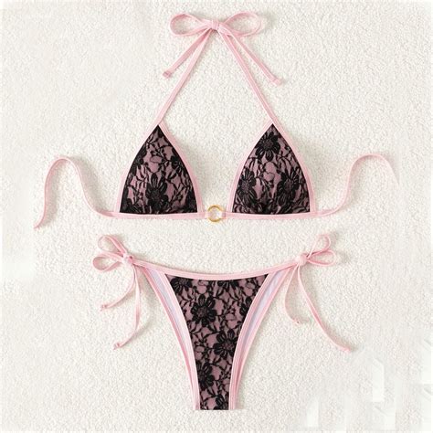 Fengqque Women S Lace Halter Neck Knot Briefs Two Pieces Bikini Sets