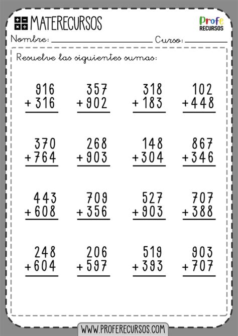 Sumas de 3 dígitos CON LLEVADAS Ejercicios de Matemáticas