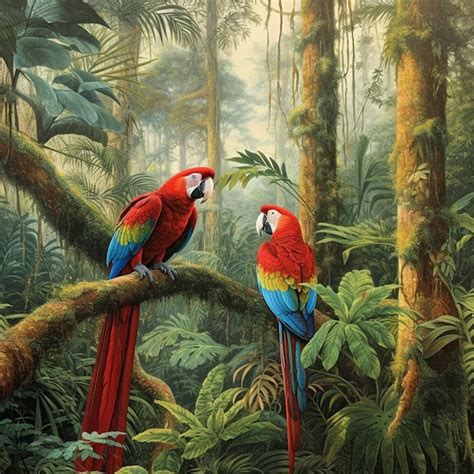 Pintura De Dos Loros Sentados En Una Rama En Un Bosque Tropical