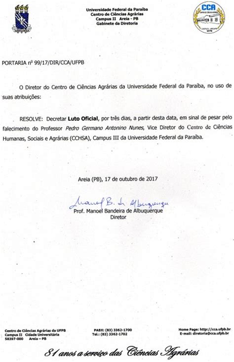 NOTA DE PESAR UNIVERSIDADE FEDERAL DA PARAÍBA UFPB CCA CENTRO DE