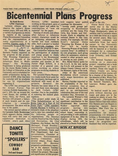 "Bicentennial Plans Progress" by Ruth Brown, Laramie Daily Boomerang ...
