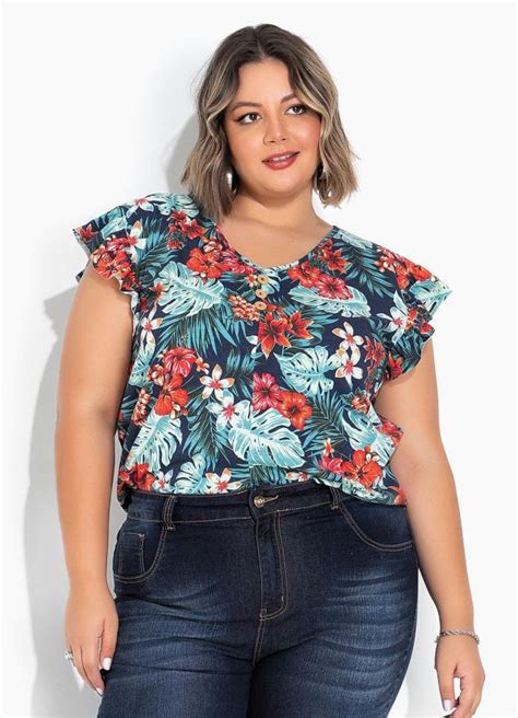 Blusa Floral Marinho Babado Nas Cavas Plus Size Marguerite