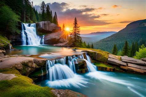 Premium AI Image | A waterfall in the mountains at sunset