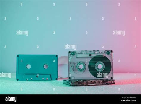 Beautiful Audio Cassettes Tape In Neon Lightminimalism Retro Style