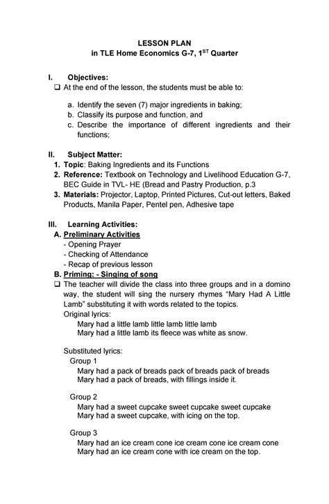 328022874 Lesson Plan in TLE Demo Teaching - LESSON PLAN in TLE Home Economics G-7, 1ST Quarter ...