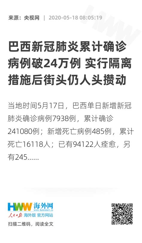 巴西新冠肺炎累计确诊病例破24万例 实行隔离措施后街头仍人头攒动 资讯 海外网