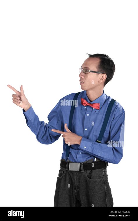 Funny guy pointing something isolated over white background Stock Photo ...