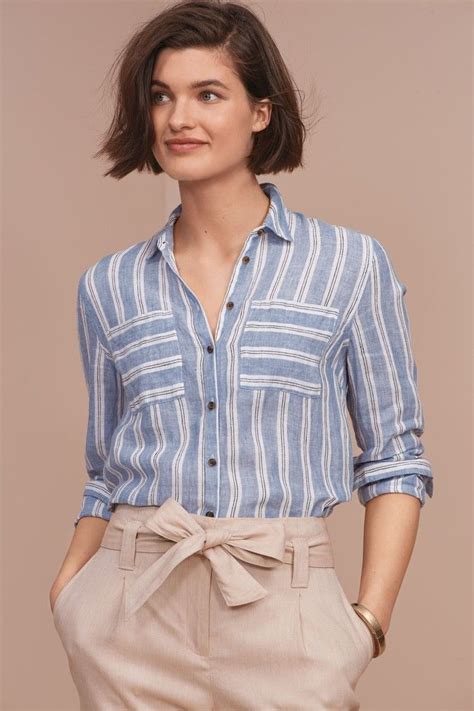 Womens Next Blue Stripe Linen Shirt Blue Striped Linen Shirt White