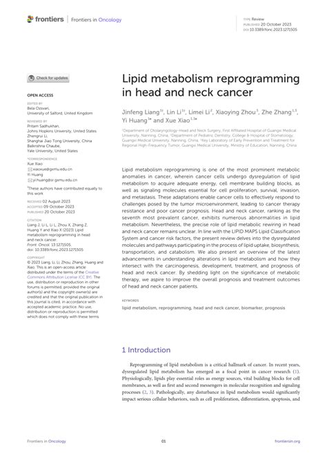 PDF Lipid Metabolism Reprogramming In Head And Neck Cancer