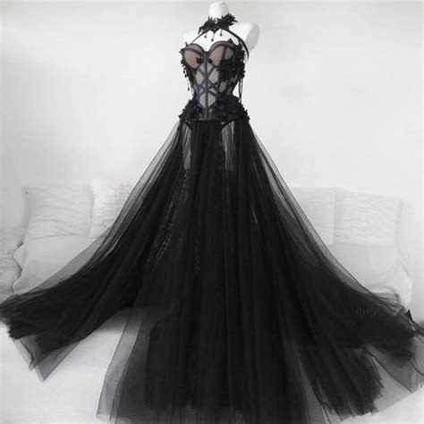 High Neckline Gothic Black Long Bridal Gown In Black Bridal