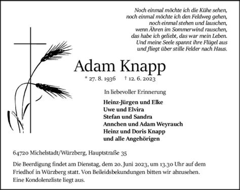 Traueranzeigen Von Adam Knapp Vrm Trauer De