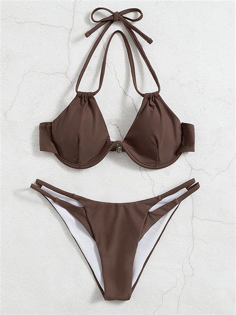 Emmiol Free Shipping Underwire Solid Halter Bikini Set Coconut