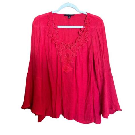 Zac And Rachel Top Womens Large Red Flowy Crochet Neckline Boho Blouse Ebay