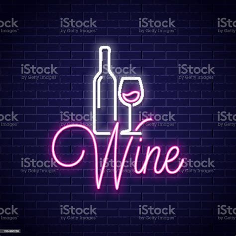 Wine Neon Banner Bottle And Wine Glass Neon Sign On Wall Background