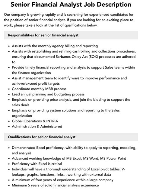 Senior Financial Analyst Job Description Velvet Jobs