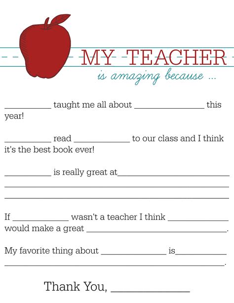 Teacher Appreciation Sheet For Kids