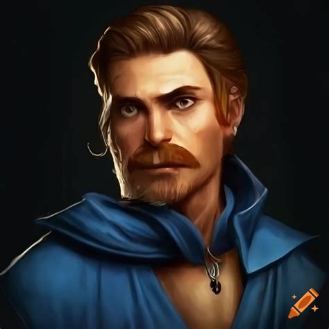 Man In Blue Tunic And Pants With A Well Trimmed Mustache In A Fantasy