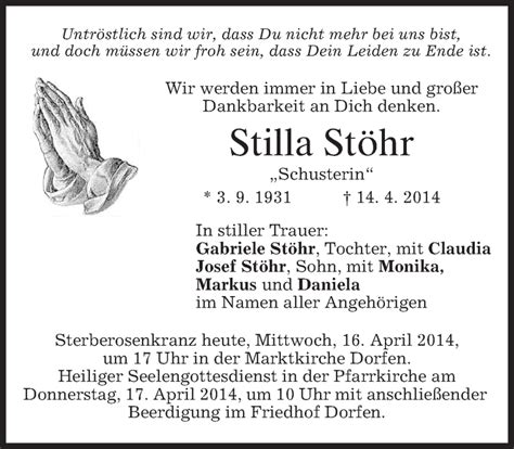 Traueranzeigen von Stilla Stöhr trauer merkur de