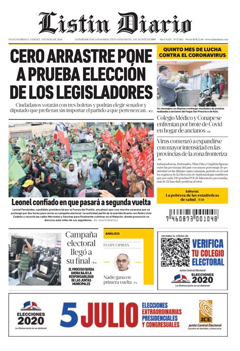 Portada Periódico Listín Diario Viernes 03 De Julio 2020 Dominicana Do