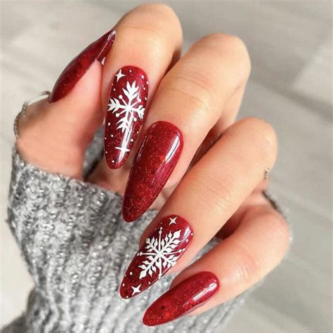 24pcs Glitter Wine Red False Nail Almond Snowfake Press On Nails For Nail Art Ebay